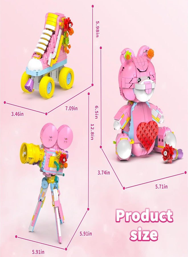 Mov stone 3-in-1 Creator Building Set, 520Pcs Compatible with Lego, Roller Skate, Heart Bear with Rose and Movie Projector, Ideal Gift for Girls and Girlfriend - Image 5